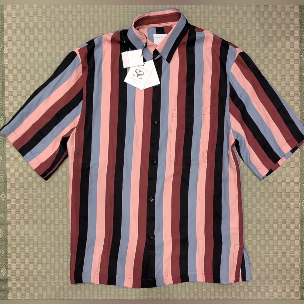 NWT SANDRO Carrie Striped Woven Shirt Stripe Orange Peach Mens Size Small